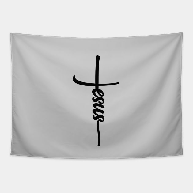 Jesus with cross and black text Tapestry by Selah Shop