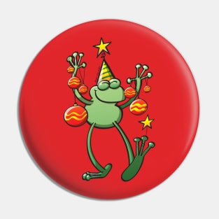 Smiling green frog decorating for Christmas Pin