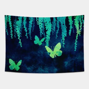 Wisteria and Butterflies Negative Painting Blue and Green Tapestry