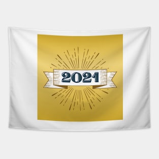 2021 happy new year holiday retro vintage theme blue gold yellow brown pattern Tapestry