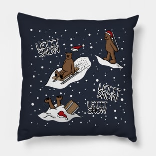 Let It Snow Sledding Bears Winter Christmas Digital Illustration Pillow