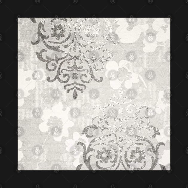 Floral Glam Damask Distressed Silver / Ivory by OialiCreative