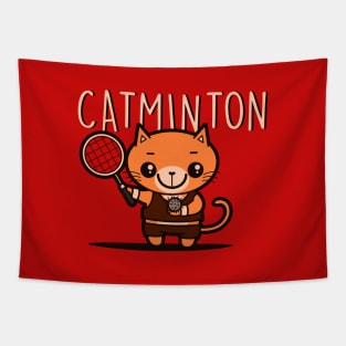 Catminton Original Cute Kawaii Pun Funny Sporty Cat Hairball Tennis Badminton Tapestry