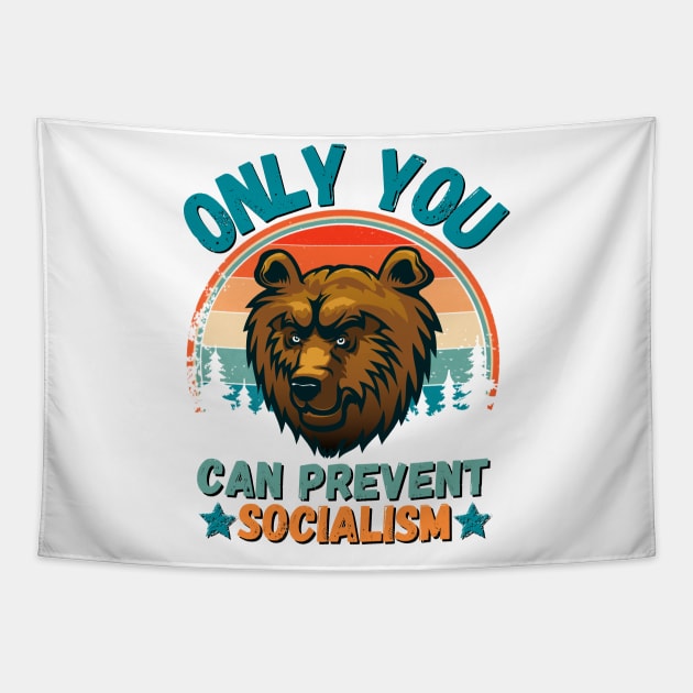 Only You Can Prevent Socialism, Retro Vintage Style Funny Camping Bear Tapestry by JustBeSatisfied