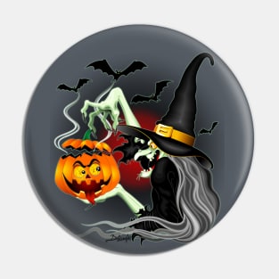 Witch with Jack O'Lantern and Bats Pin