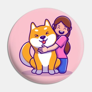 Cute Girl With Shiba Inu Dog Cartoon Pin