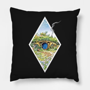 Cozy Home on a Hill with Smoke Coming Out of a Chimney - Black - Fantasy Pillow