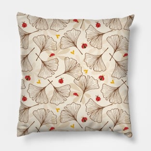 Brown Ginkgo Leaves with Lady Bugs and Hearts Pillow