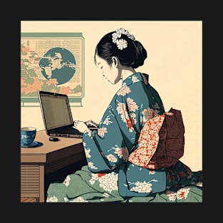 Japanese Woman in Kimono Using Laptop T-Shirt