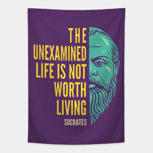 Socrates Portrait & Inspirational Quote: The Unexamined Life (color version) Tapestry by Elvdant