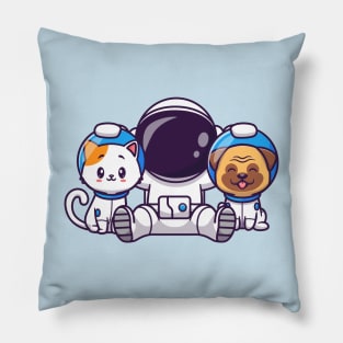 Cute Astronaut With Cat And Pug Dog Cartoon Pillow