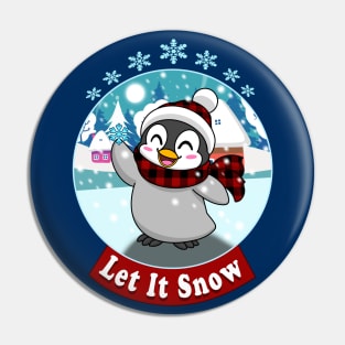 Let it snow Kawaii Penguin Christmas holiday snowflake design Pin