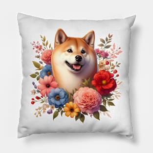 A shiba inu decorated with beautiful colorful flowers. Pillow