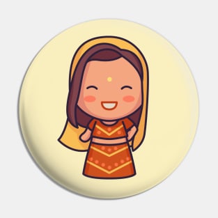 Cute Indian Bride in Traditional Clothing Cartoon Pin