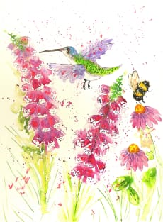 Colourful Hummingbird and a Bumblebee among Pink Flowers Magnet