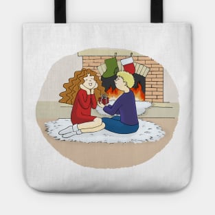 Couple in love Boy and Girl by the fireplace Tote