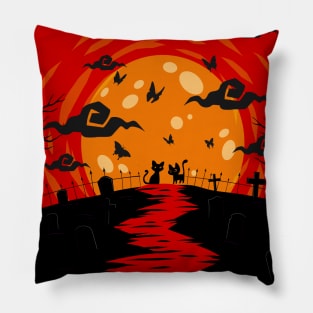 Harmony in Orange: Moon and Zombies Cat Pillow