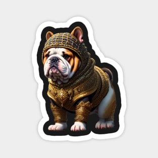 Badass Bulldog Puppy in Golden Chainmail Armor and Helmet Magnet