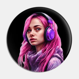 Pink hair girl with purple headphones Pin