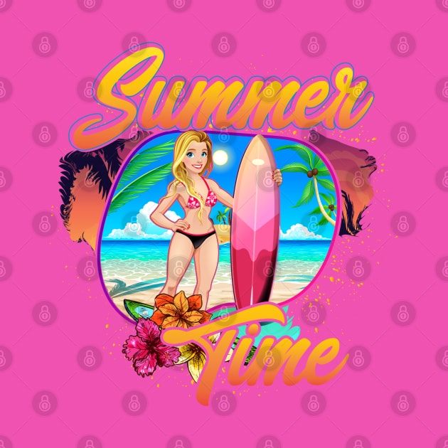 Summer Time surfer girl cute flowers beach by SpaceWiz95