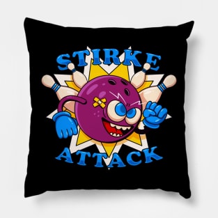 Strike attack, illustration of bowling ball mascot attacking skittles Pillow