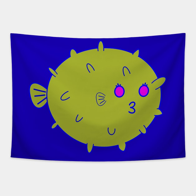 Kawaii Cute Kissy Pufferfish, Pufferfish Lover Tapestry by vystudio