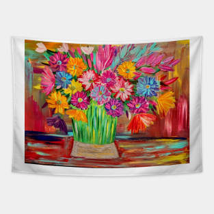 Bright and colorful abstract flowers in a large vase Tapestry