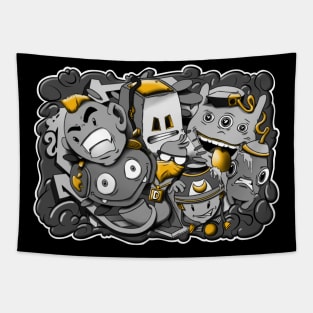 Black and Gold graffiti cartoon characters Tapestry