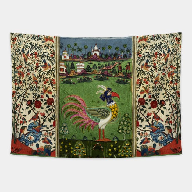 MYHTOLOGICAL BIRD WITH COLORFUL FEATHERS ,FLOWERS IN GREEN RUSTIC LANDSCAPE Antique Floral Tapestry by BulganLumini