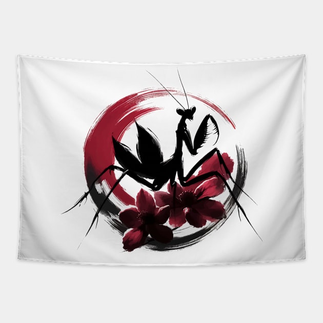 Sumie Enso Japanese Brushstroke Praying Mantis Tapestry by TomFrontierArt