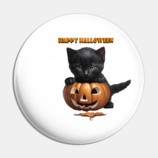 Happy Halloween Black Kitten Jack O' Lantern Pumpkin Pin