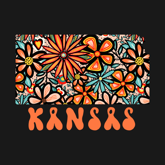 Kansas State Design | Artist Designed Illustration Featuring Kansas State Outline Filled With Retro Flowers with Retro Hand-Lettering by MarcyBrennanArt