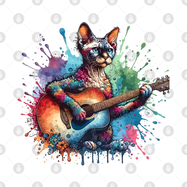 Devon Rex Cat Playing Guitar by Graceful Designs