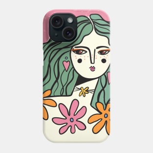 Flower woman art, 70s, Groovy art, Retro print, Aesthetic poster, Floral art, Girl power Phone Case