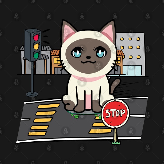 Cute Siamese cat is skate boarding on the street by Pet Station