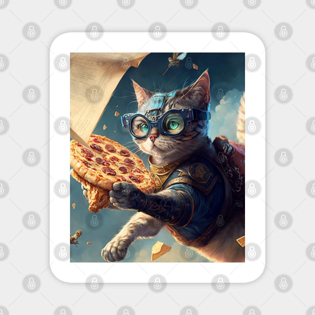 Funny Cat Flying and Delivering Pizza - Funny Digital Artwork Futuristic Art Birthday Gift Idea For Mom Magnet by Pezzolano