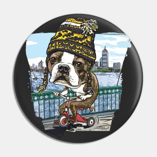 Boston Terrier Dog with Black and Yellow Winter Beanie Pin