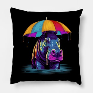 Hippo Rainy Day With Umbrella Pillow