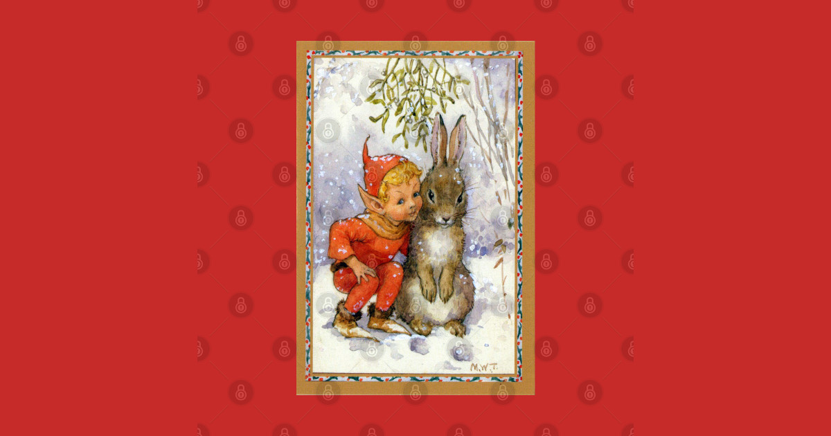 Elf and Rabbit Under Mistletoe Christmas - Margaret Tarrant - Christmas ...