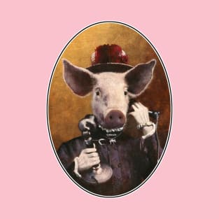 Victorian Pig Lady On Phone oval T-Shirt