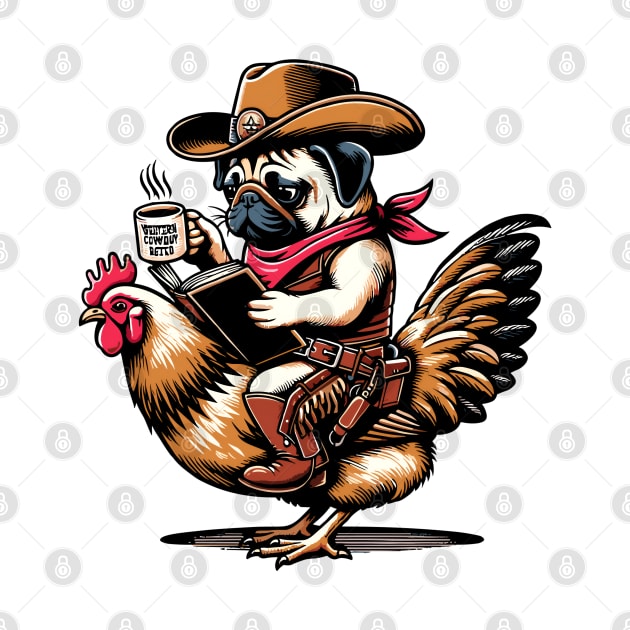 Pug Riding A Chicken With A Book And A Coffee by VisionDesigner