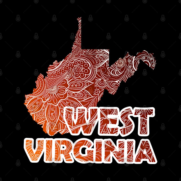 Colorful mandala art map of West Virginia with text in brown and orange by Happy Citizen