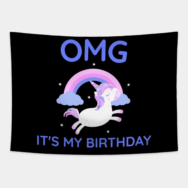 OMG It's My Birthday Unicorn Pony Horse Tapestry by TV Dinners