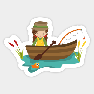 Fishing Girl, Fishing Rod, Fisherman, Blonde Hair - Fishing Girl - Sticker