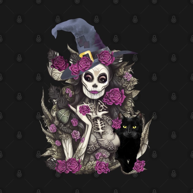 Witch and cat for cute Halloween, purple roses,scary, spooky by Collagedream