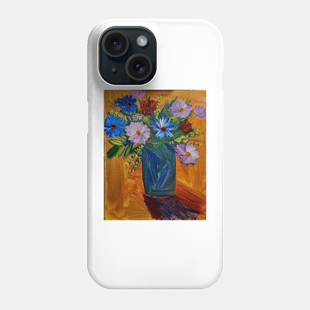 Mixed flowers in blue and silver vase on a colorful tiles background Phone Case by kkartwork