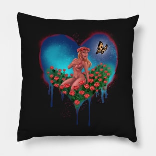 LOVE HEART with BUTTERFLY and ROSES - Graffiti Style (Blue) Pillow