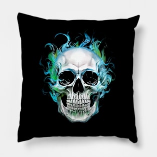 Skull in blue green flame Pillow