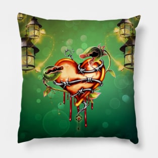 Heart with Barbed Wire and fantasy flowers Pillow