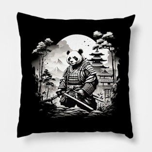 Samurai panda with a katana on the background of the landscape Pillow